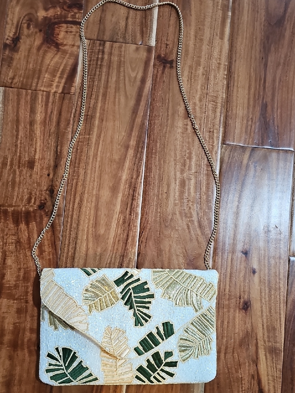 Beaded Leaf-Embroidered Envelope Crossbody Shoulder Bag - White/Green/Gold